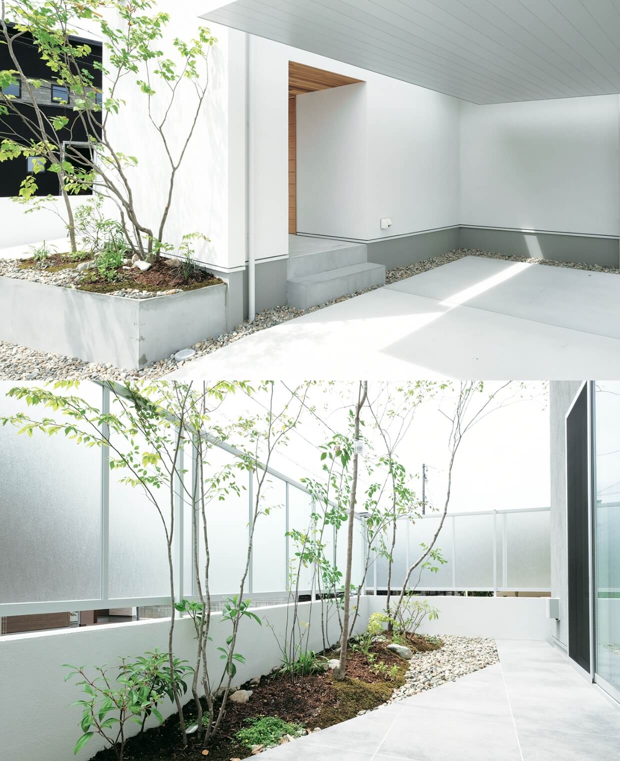 植木や芝生、砂利、コンクリートを組み合わせた立体感のある上品な外構で建物を引き立てます。